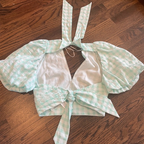 Zara Turquoise Textured Gingham Tie Top Puff Sleeve Open Back V Crop Top - Picture 2 of 4